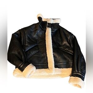 AHA SELECTED Genuine Leather Aviator Jacket - Black & Cream Shearling - (XS) NWT